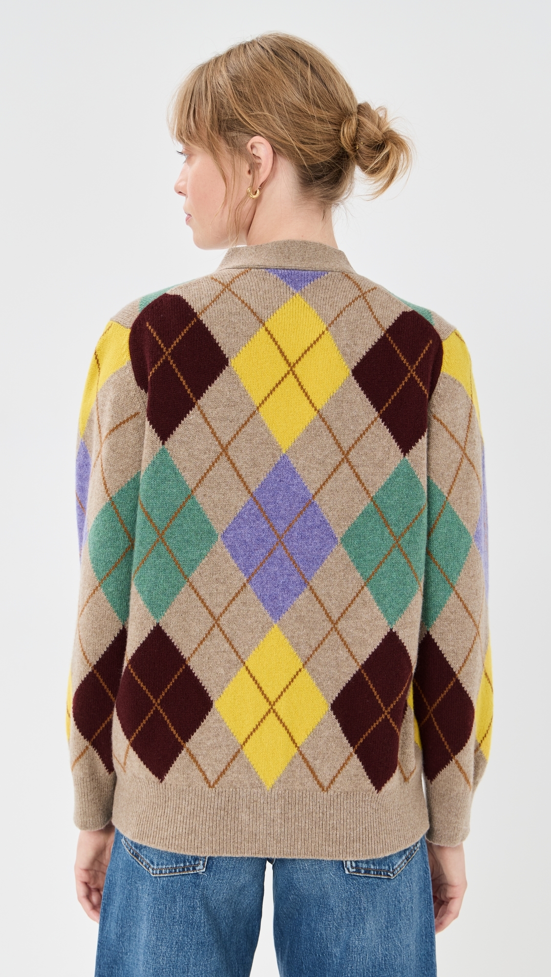 &Argyle Grandad Lambswool Cardigan Dark Natural With Yellow