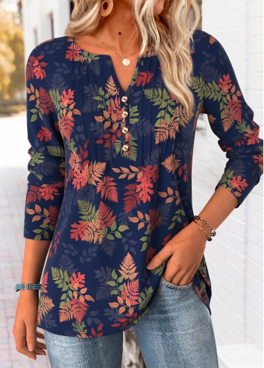 Modlily Navy Tummy Coverage Leaf Print T Shirt
