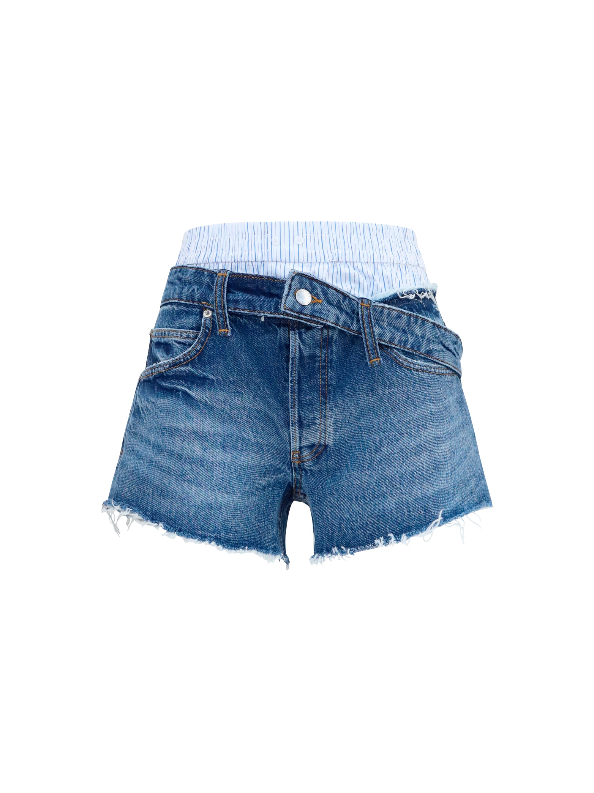 Raw-Cut Boxer Detail Denim Shorts — Blue