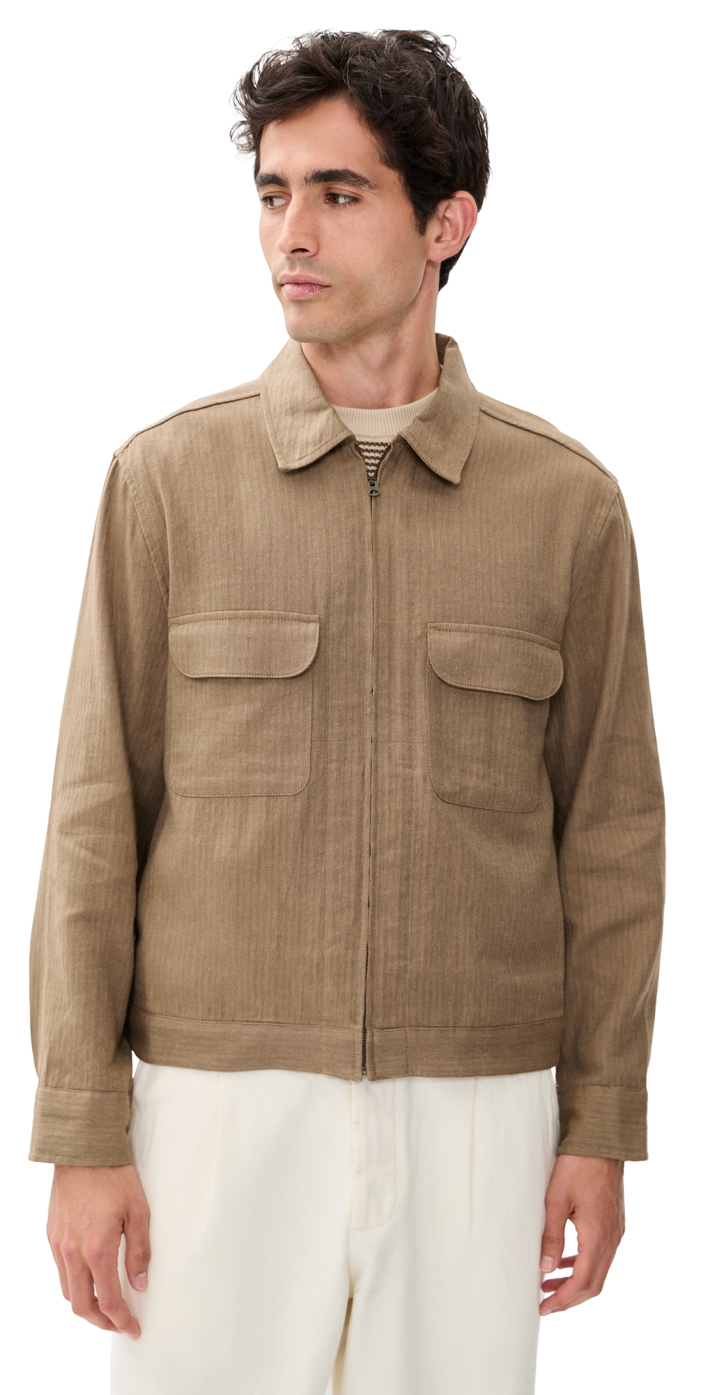 Herringbone Linen Zip Jacket Olive