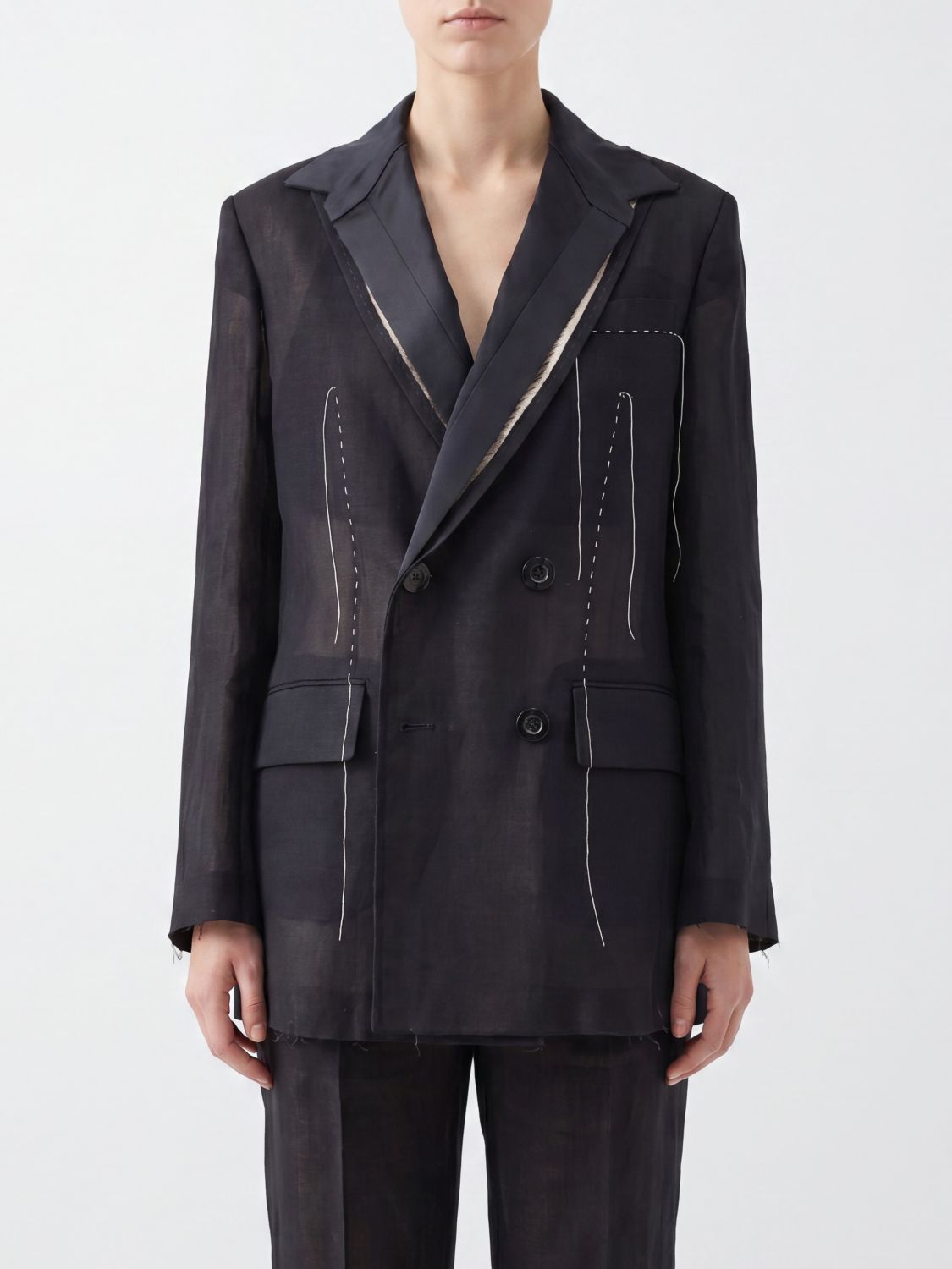 Cropped Double-Breasted Wool Blend Blazer with Patchwork Design