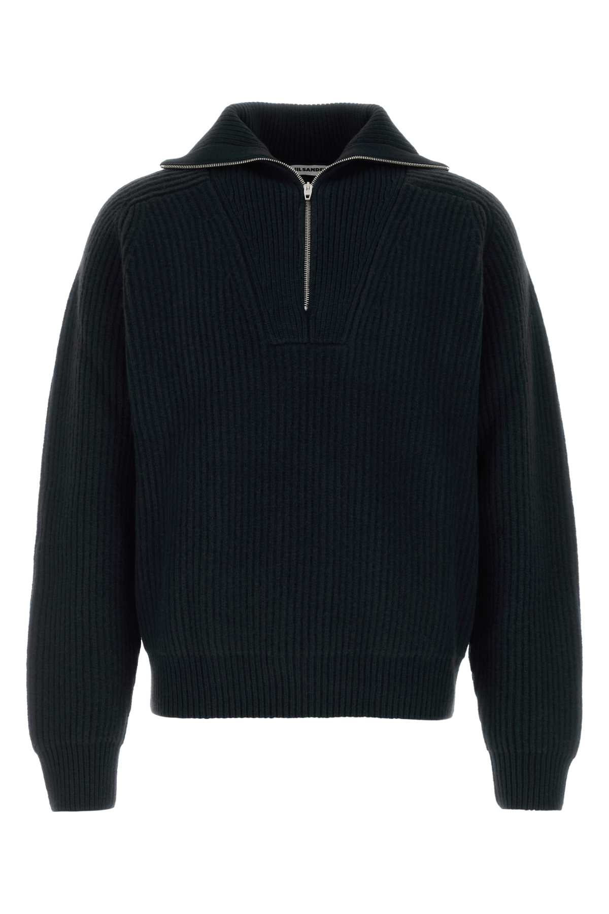 Ribbed Wool Half-Zip Sweater — Black