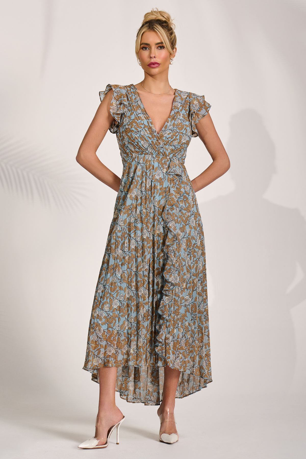 Jolie Moi Pleated Chiffon Dip Hem Maxi Dress In Blue