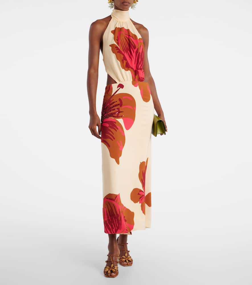 Floral halterneck silk crêpe maxi dress
