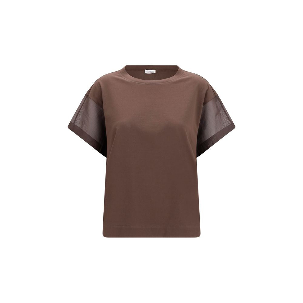Cotton with Sheer Sleeves T-Shirt — Brown
