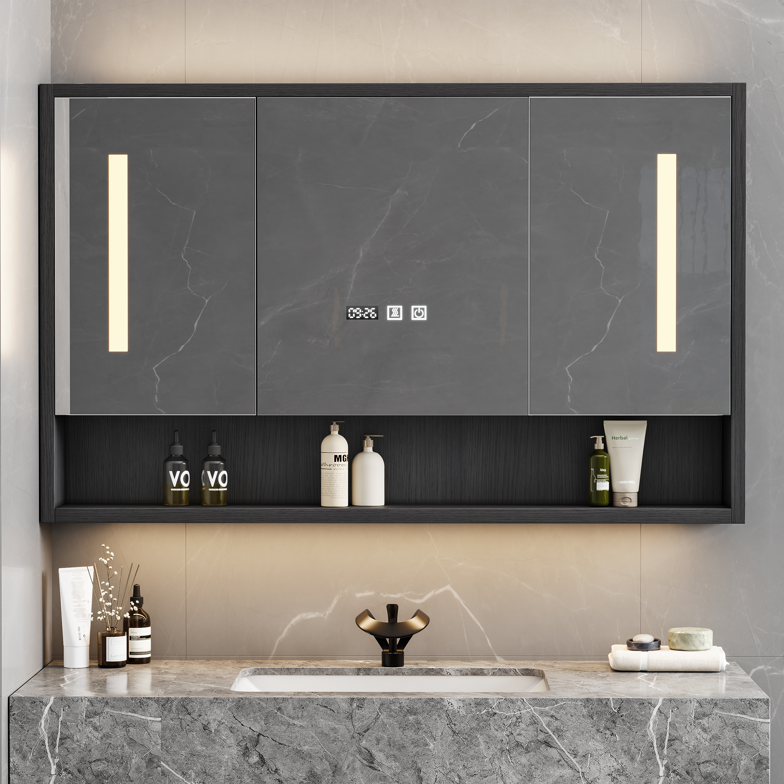 39" Black LED Medicine Cabinet with Adjustable Lighting, Demister & Digital Clock