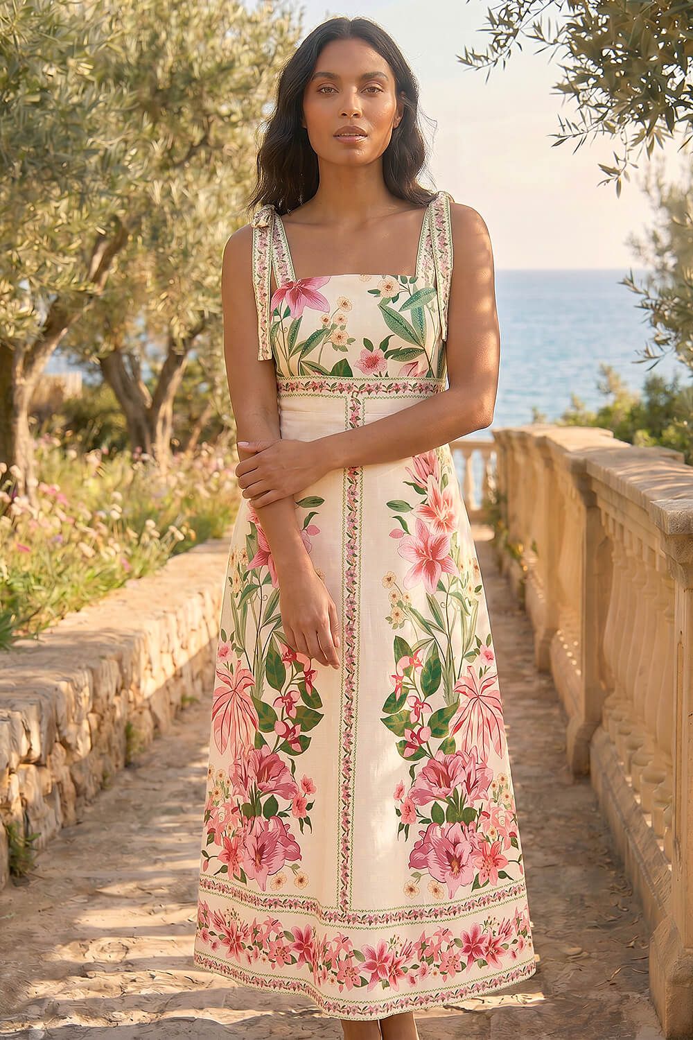 Roman Women's Tropical Print Sequin Midi Dress in Crea