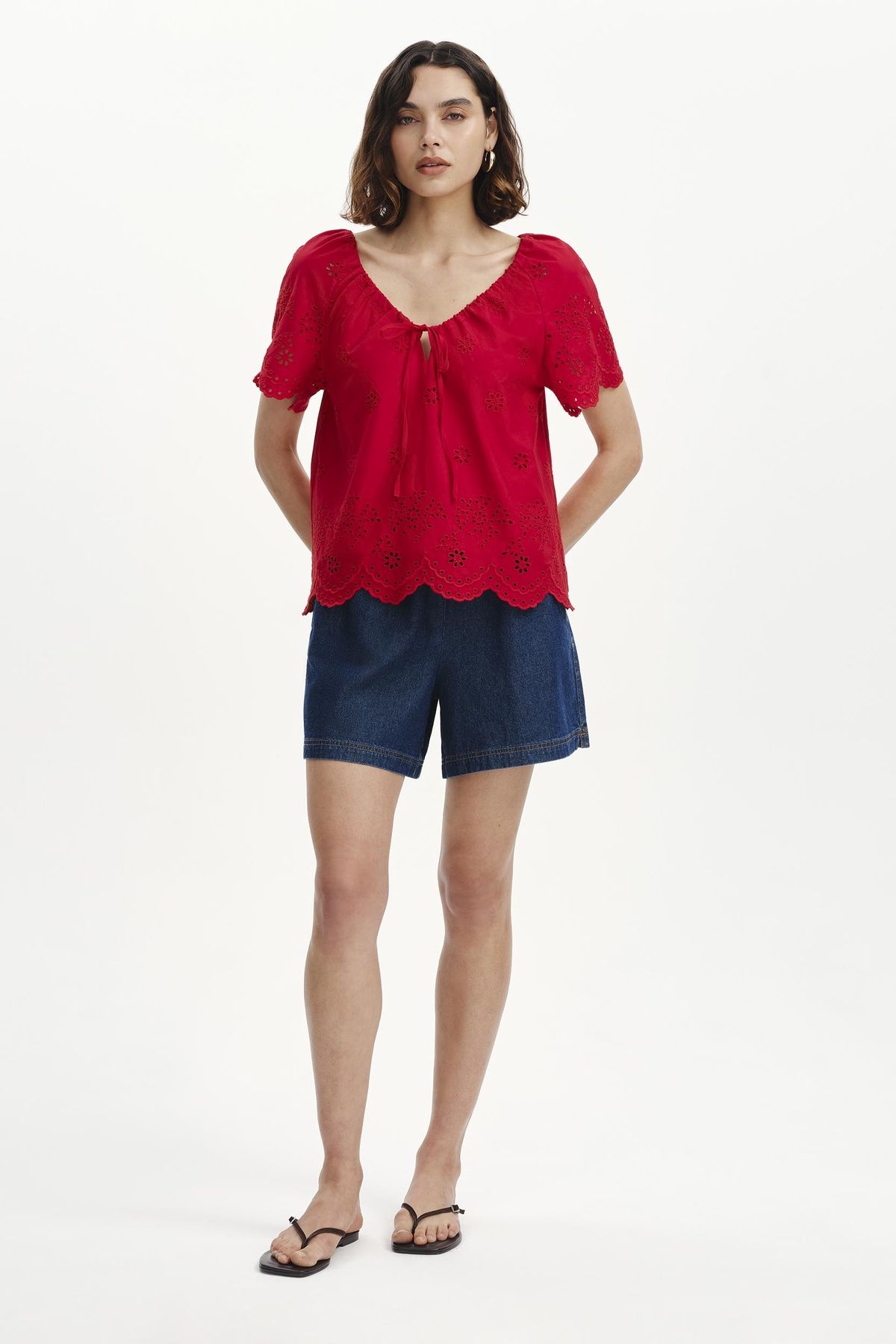 Finery London Women's Ruthie Embroidered Cotton Drawstring Top in Red