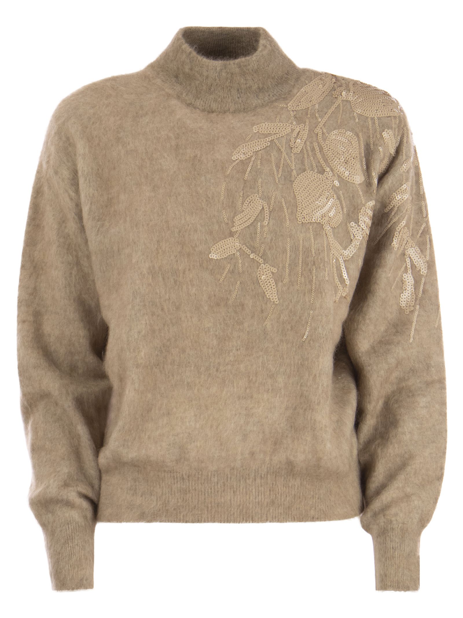 Long-sleeved Turtleneck Sweater With Special Sequin Appliqué In Soft Mohair And Wool Yarn