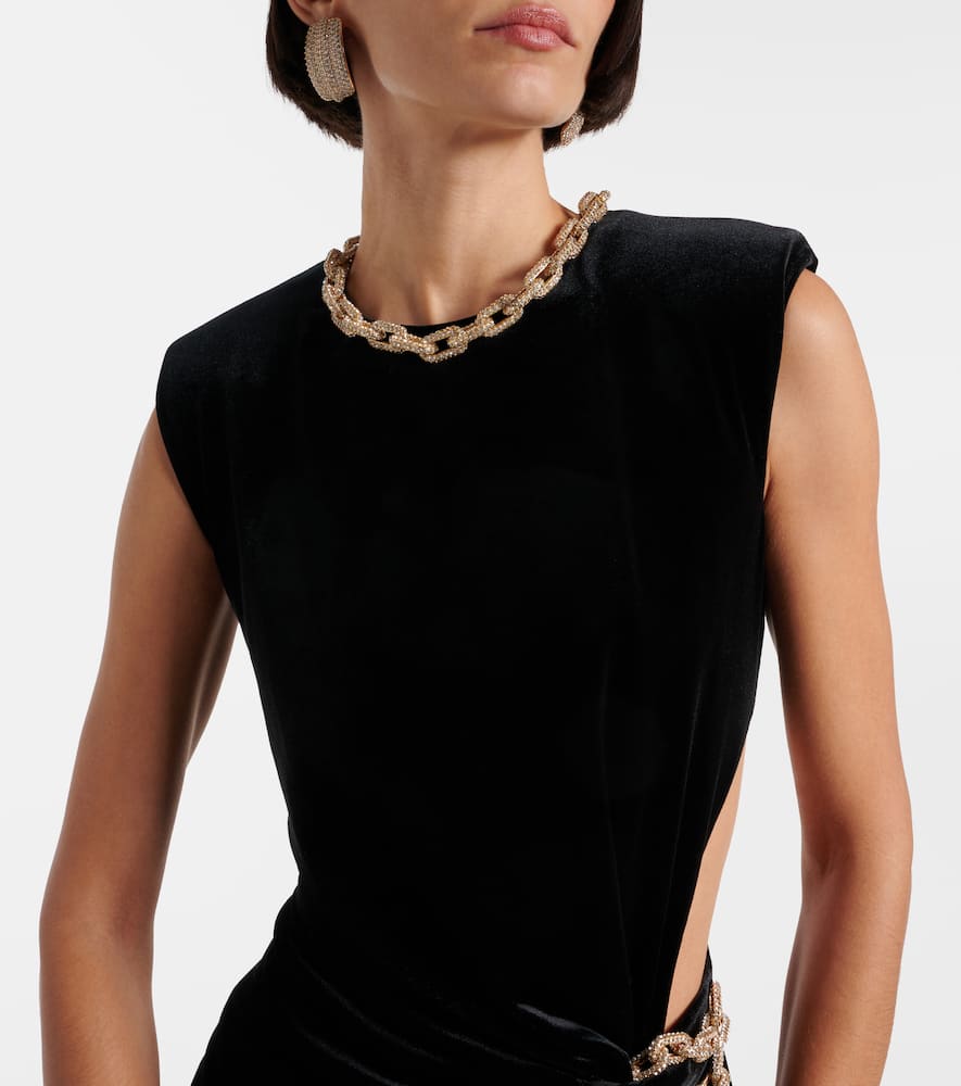 Self-Portrait Embellished chain-detail velvet maxi dress