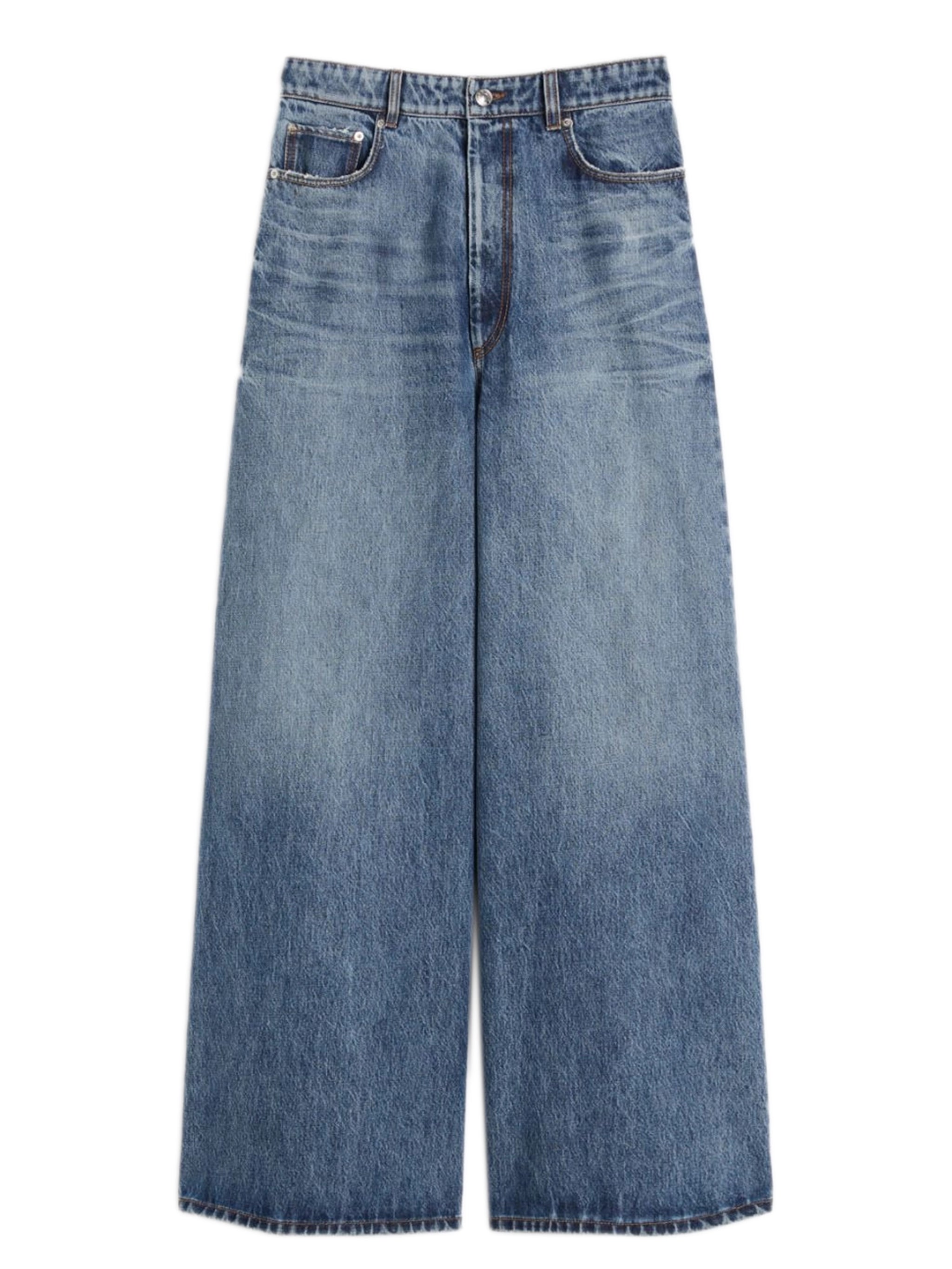 Wide-Leg Low-Rise Five-Pocket Jeans with Contrasting Stitching, Pen Holder & Personalized Label