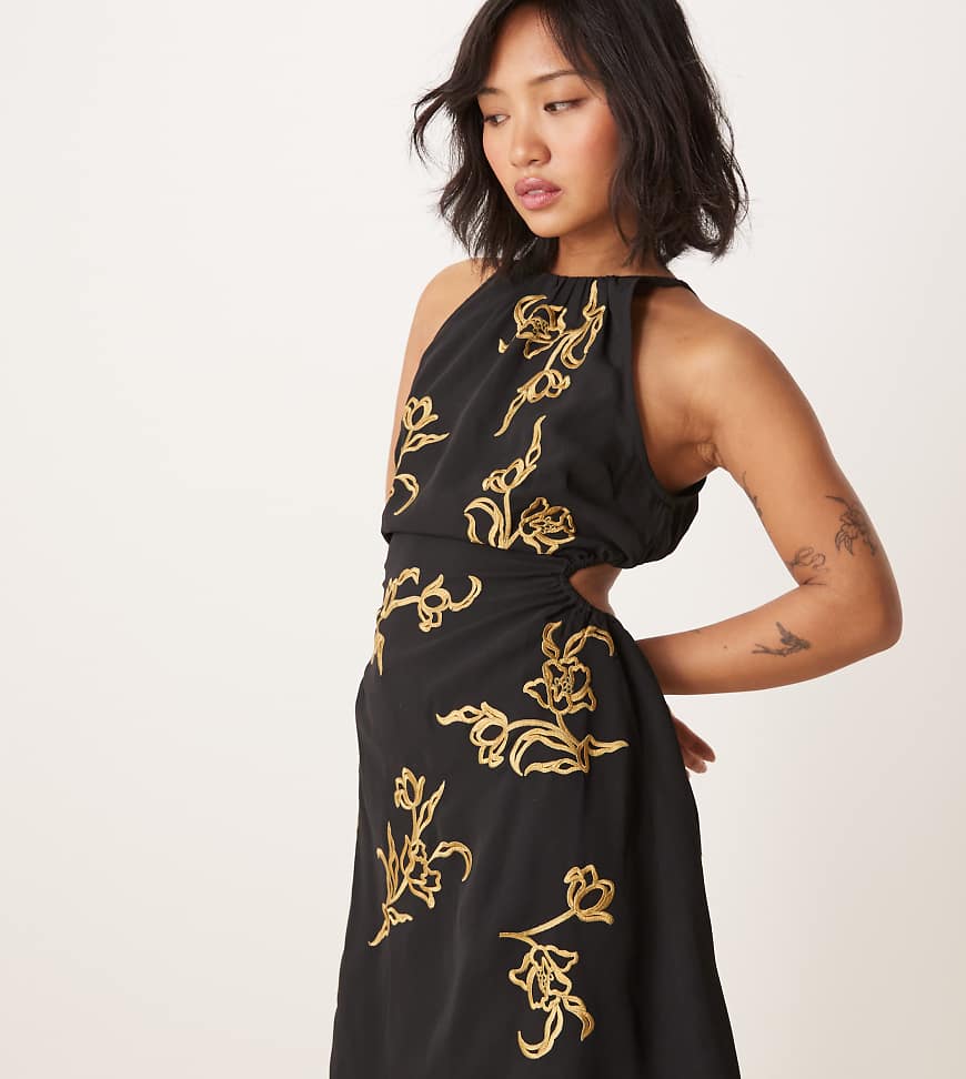 ASOS DESIGN all-over floral embroidered halter midi dress with open back in black-Multi