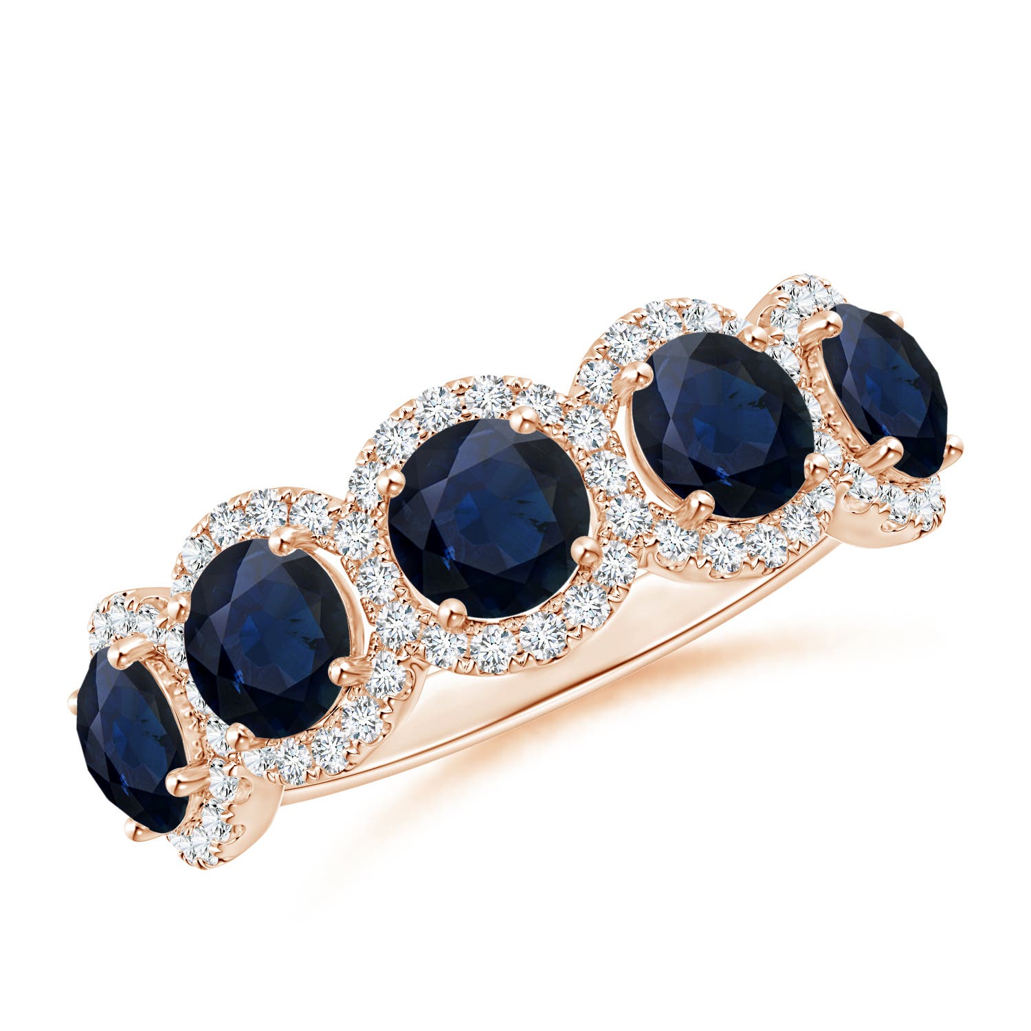 Angara 2.3 Carats Half Eternity Five-Stone Sapphire Halo Ring in 14K Rose Gold