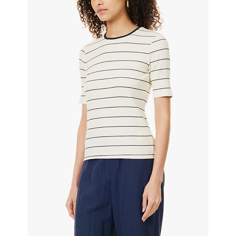Womens Flaxen Stripe-pattern Round-neck Stretch-cotton T-shirt M