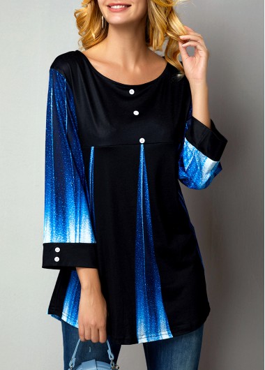 Modlily Women's Button Up Blue And Black Ombre Casual Tunic Top