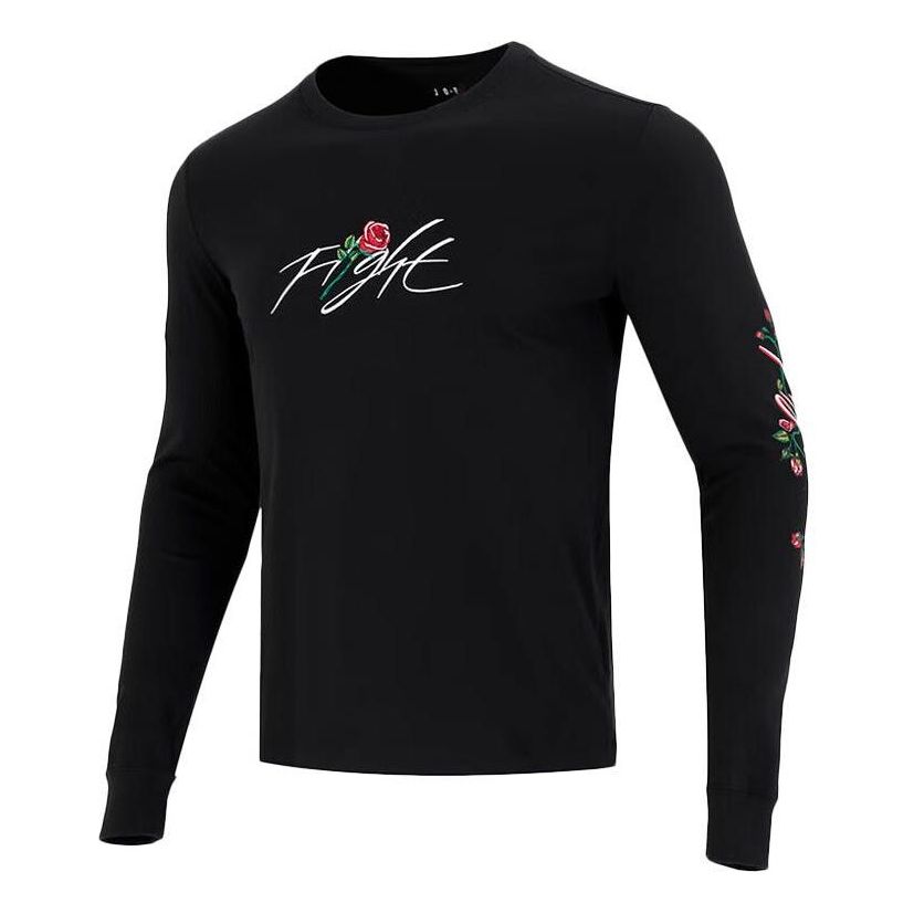 Men's Sleeve Side Flowers Logo Printing Round Neck Long Sleeves Black
