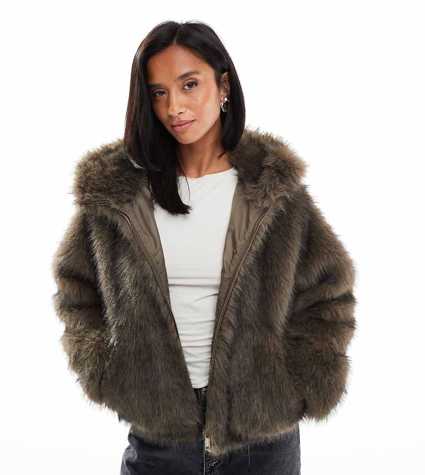 ASOS DESIGN Petite hooded faux fur bomber coat in brown tip