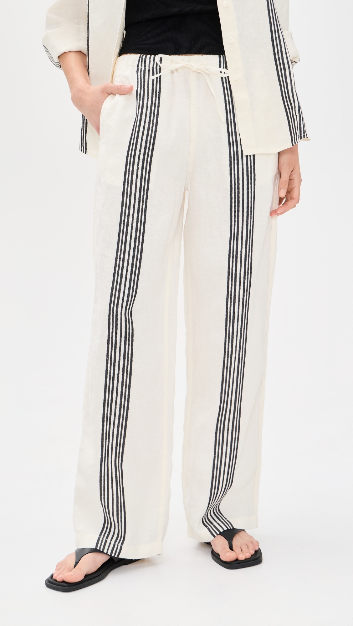 Pull-On Linen Pants Bold Placement Stripe Black