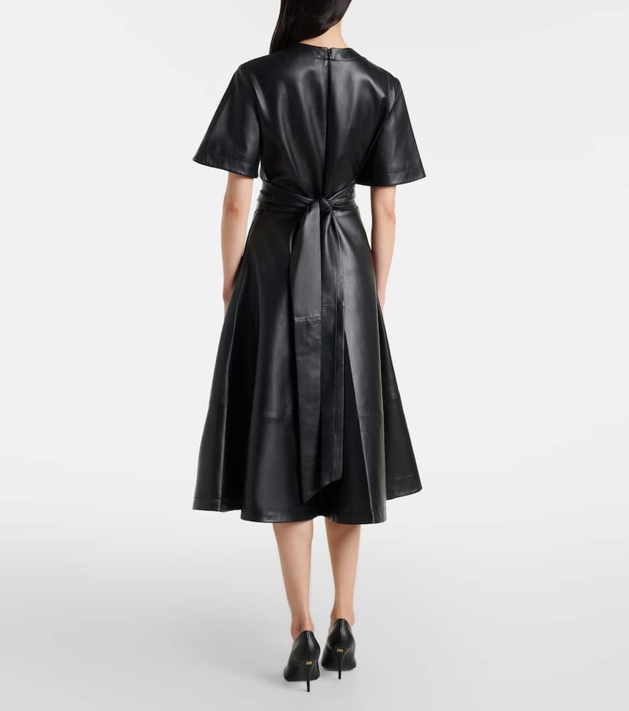 Gathered leather midi dress
