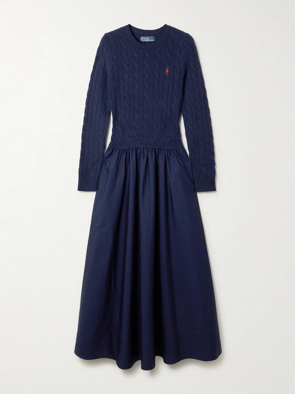 Embroidered Cable-knit Wool-blend And Cotton-poplin Maxi Dress - Blue