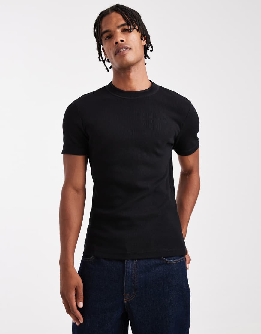 Muscle fit high neck rib t-shirt in black