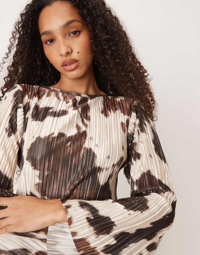 ASOS DESIGN Womens long angel sleeve plisse mini dress in cow print - Brown