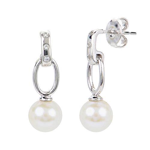 Sterling Silver Cultured Pearl and Created Sapphire Drop Earrings