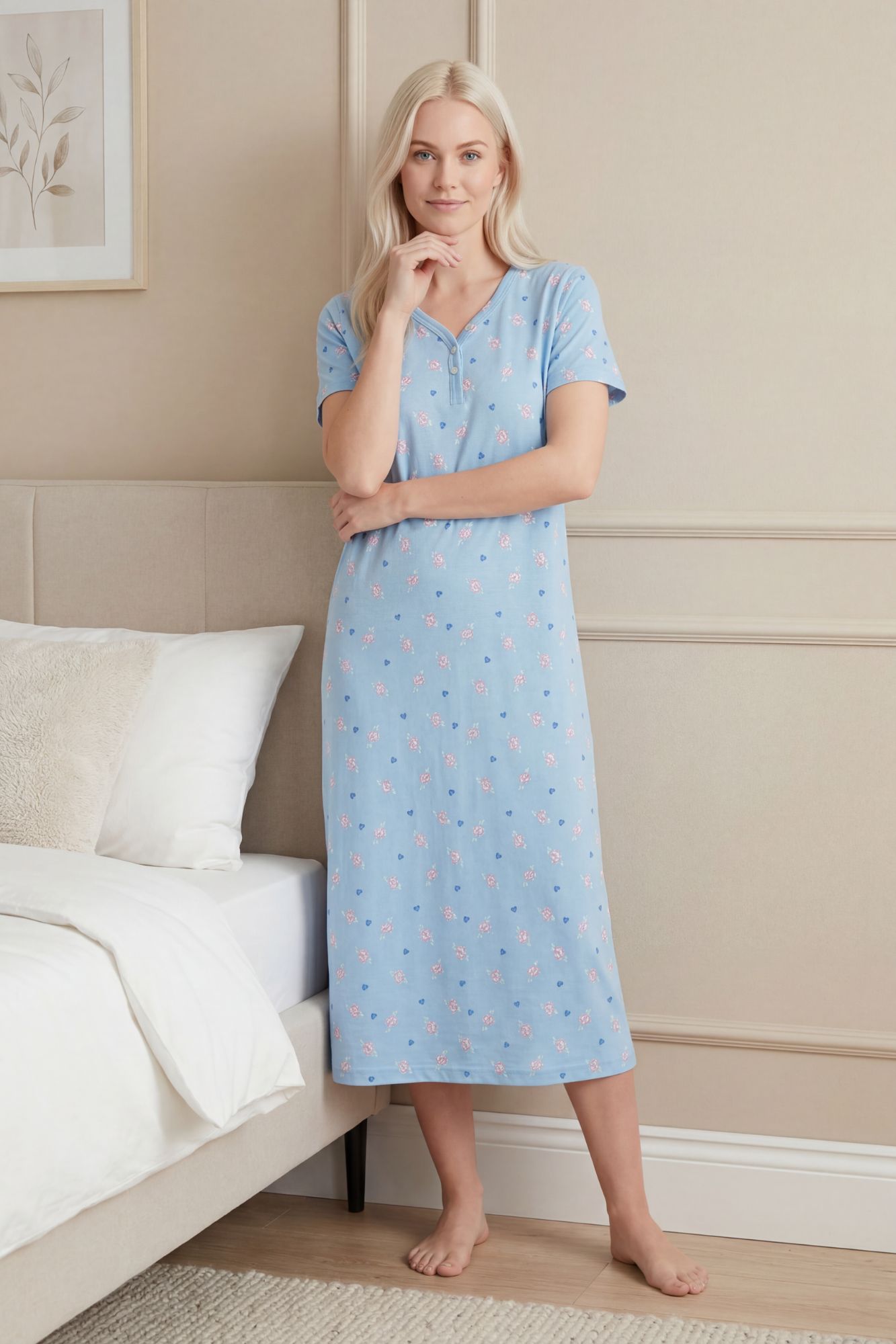 Camille Women's 100% Cotton Classic Full Length Short Sleeved Nightdress in Pale Blue