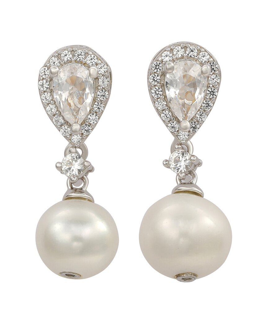 Silver Created White Sapphire & 8Mm Pearl Halo Dangle Earring
