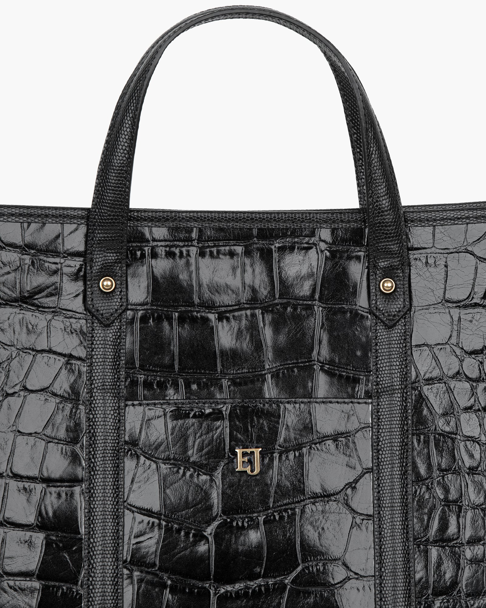 TaTa Tote Bag - Black Embossed Calf Leather, Magnetic Snap Closure, Detachable Shoulder Strap, Canvas Lining, Laptop Compatible