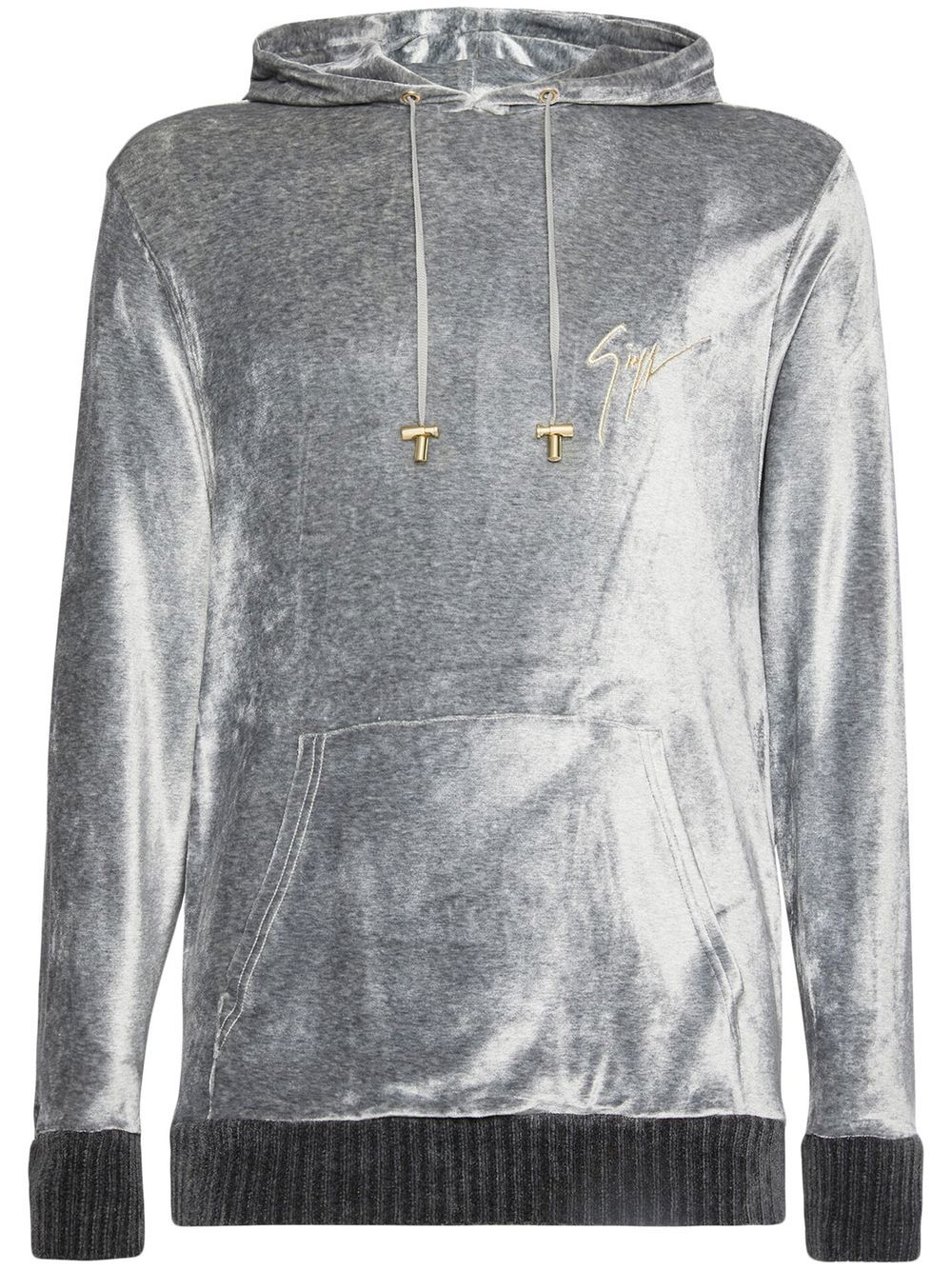 Embroidered-logo velvet hoodie - Grey