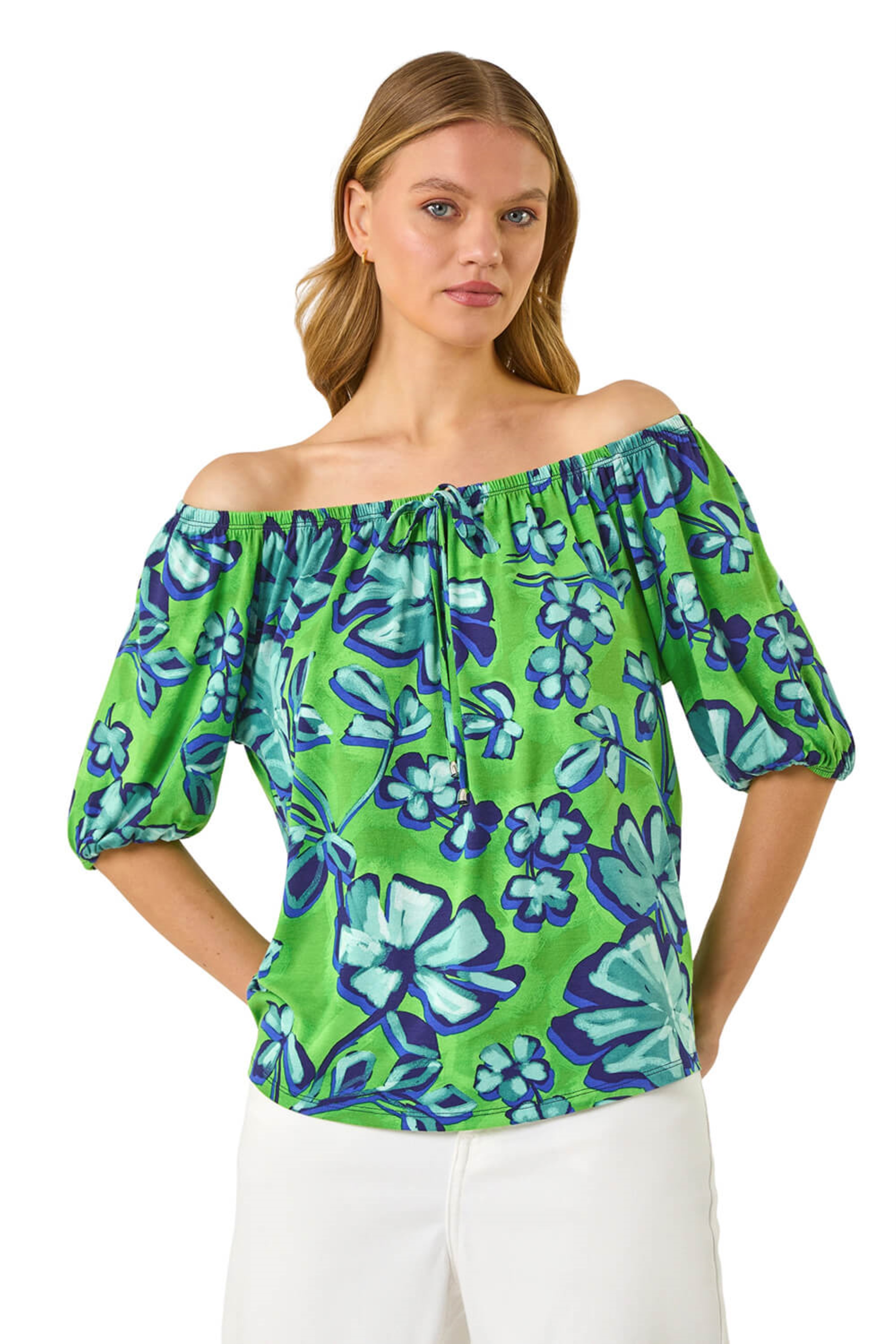 Roman Womens Floral Print Bardot Stretch Top - Green