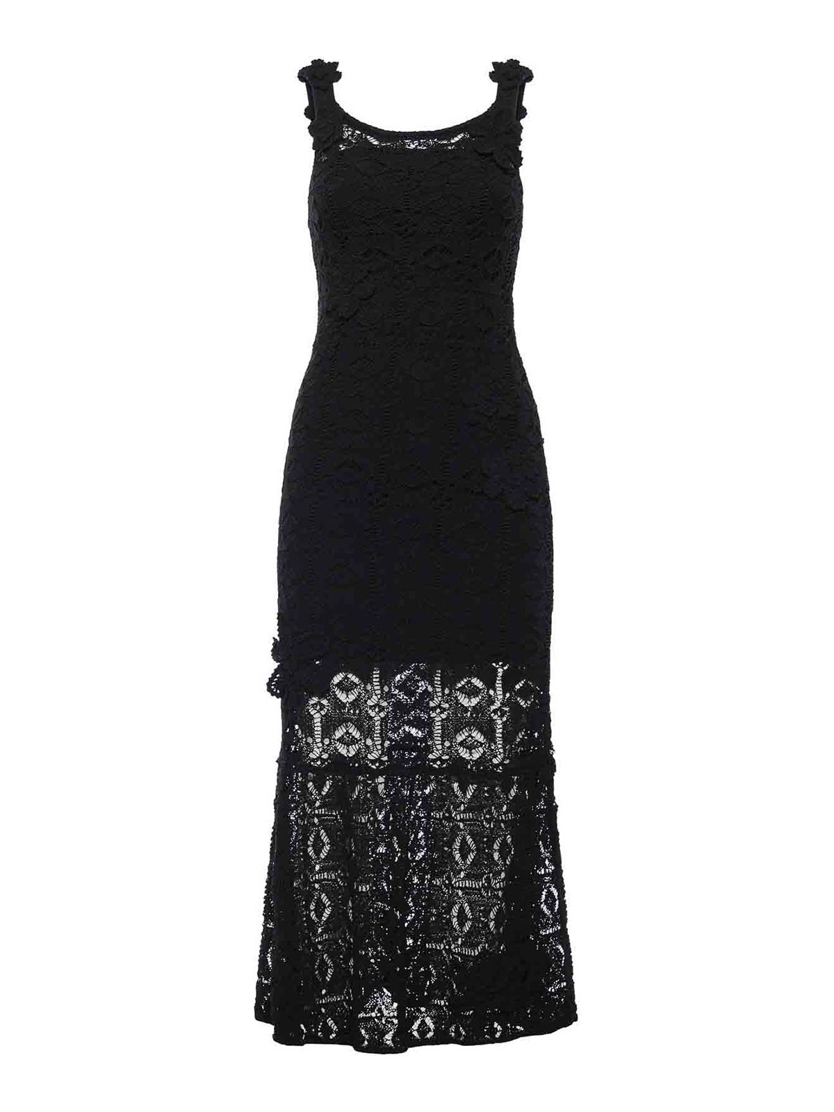 Crochet-effect midi dress with appliqué flowers - M