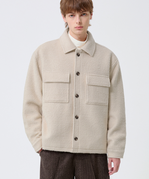 Wool Elbow Patch Two Pocket Button Jacket_Cream