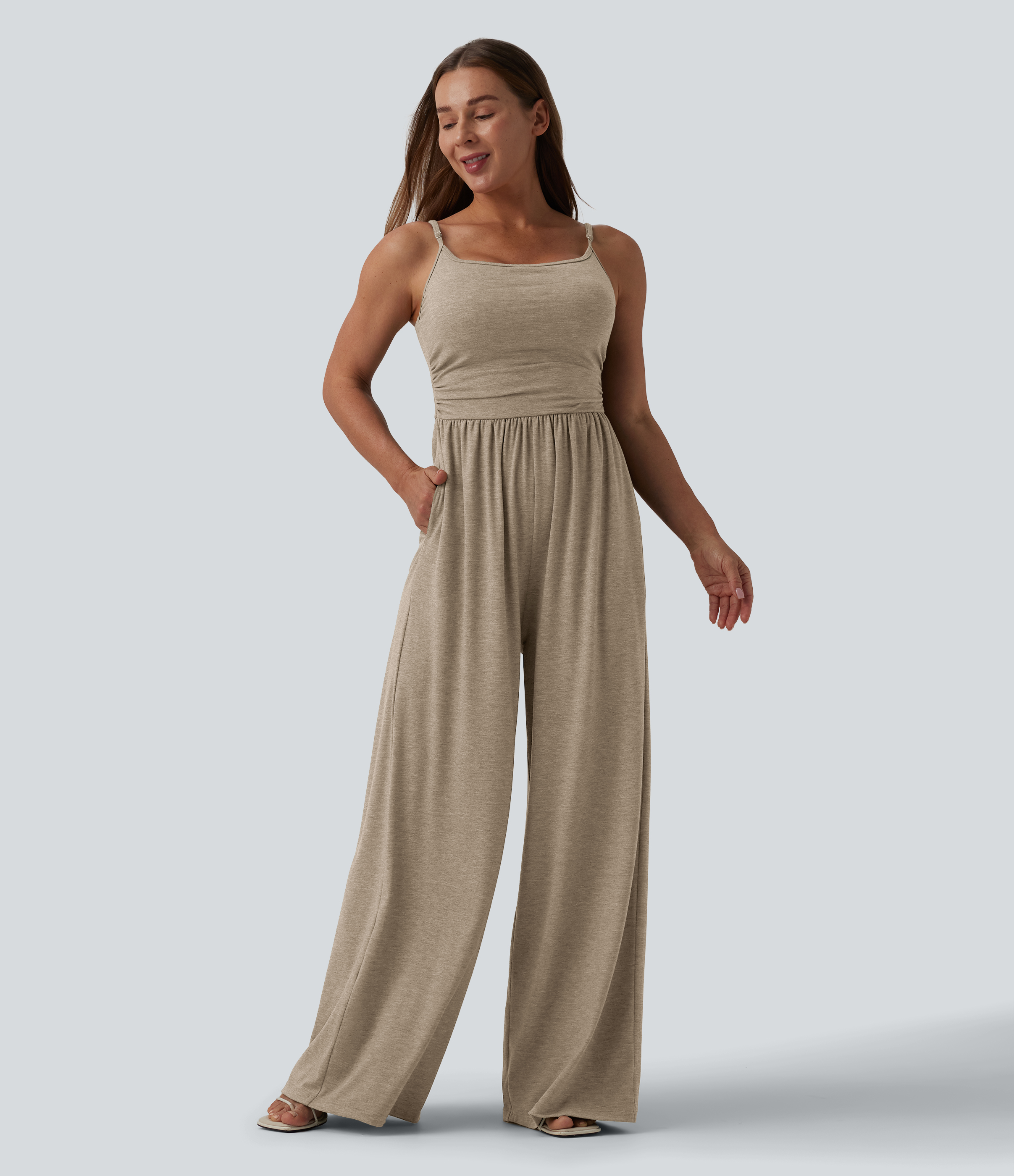 Adjustable Straps Ruched Wide Leg Heathered Casual Jumpsuit with Pockets-Easy Peezy  - Khaki Floral Yarn