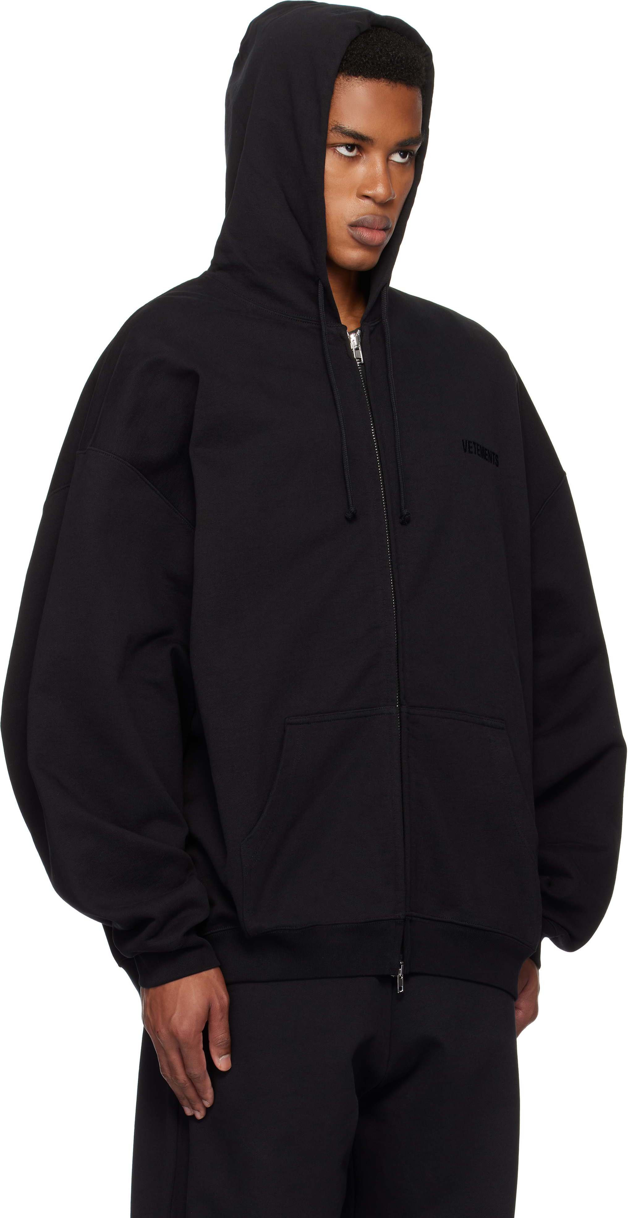 VETEMENTS Black Embroidered Logo Oversized Zip-Up Hoodie