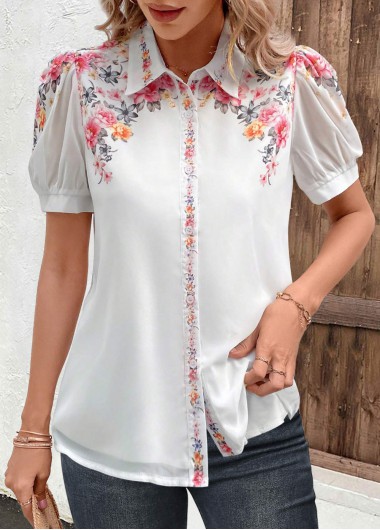 Modlily Valentine's Day White Button Floral Print Short Sleeve Blouse