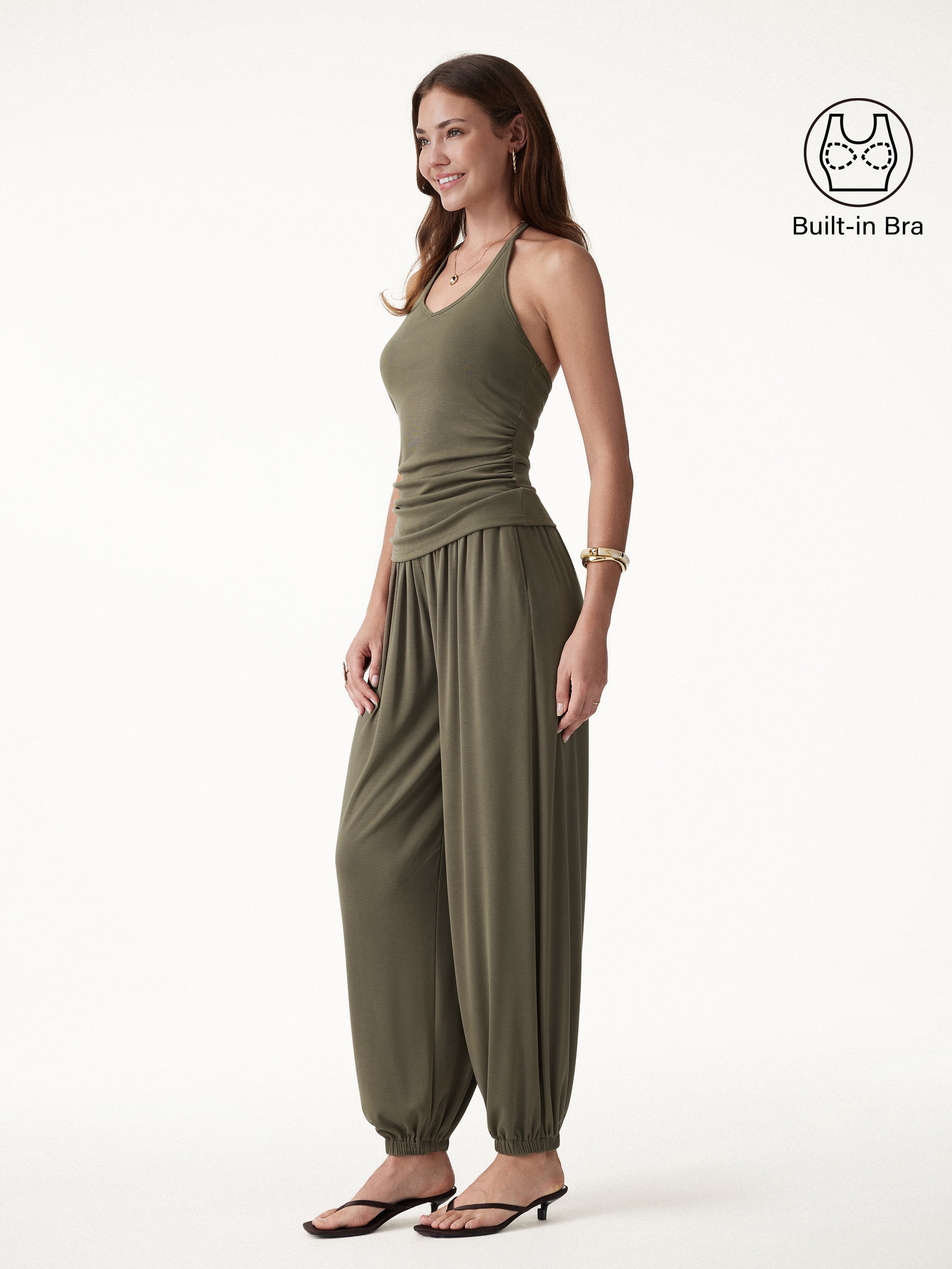 2Pcs Set Open Back Bra Top & Balloon Pants with Pockets - Olive / XS