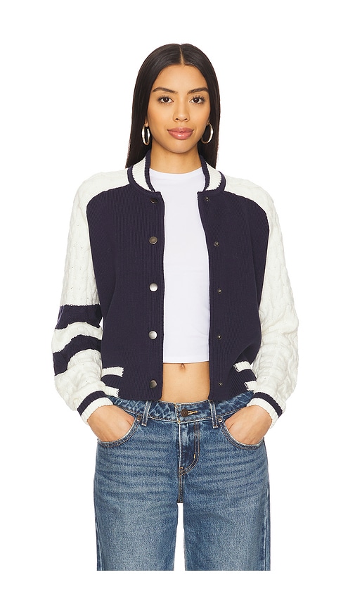Central Park West Cable Sleeve Knit Bomber in Navy.  XS also in