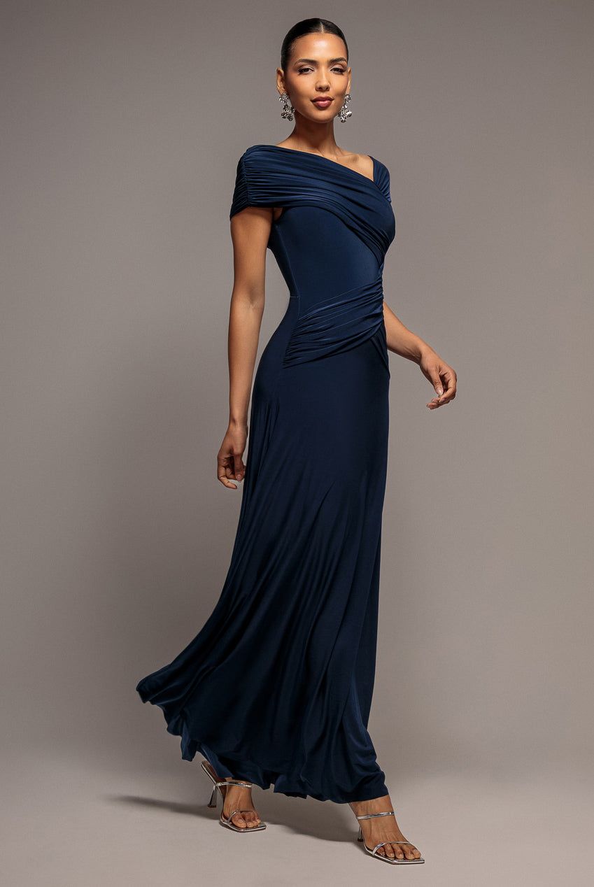 Goddiva Women's Asymmetric Neck Gathered Waist Maxi Dress in Navy