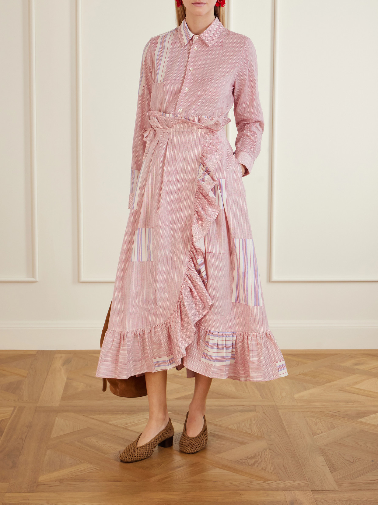 Tasha Ruffled Striped Cotton-voile Wrap Midi Skirt - Pink
