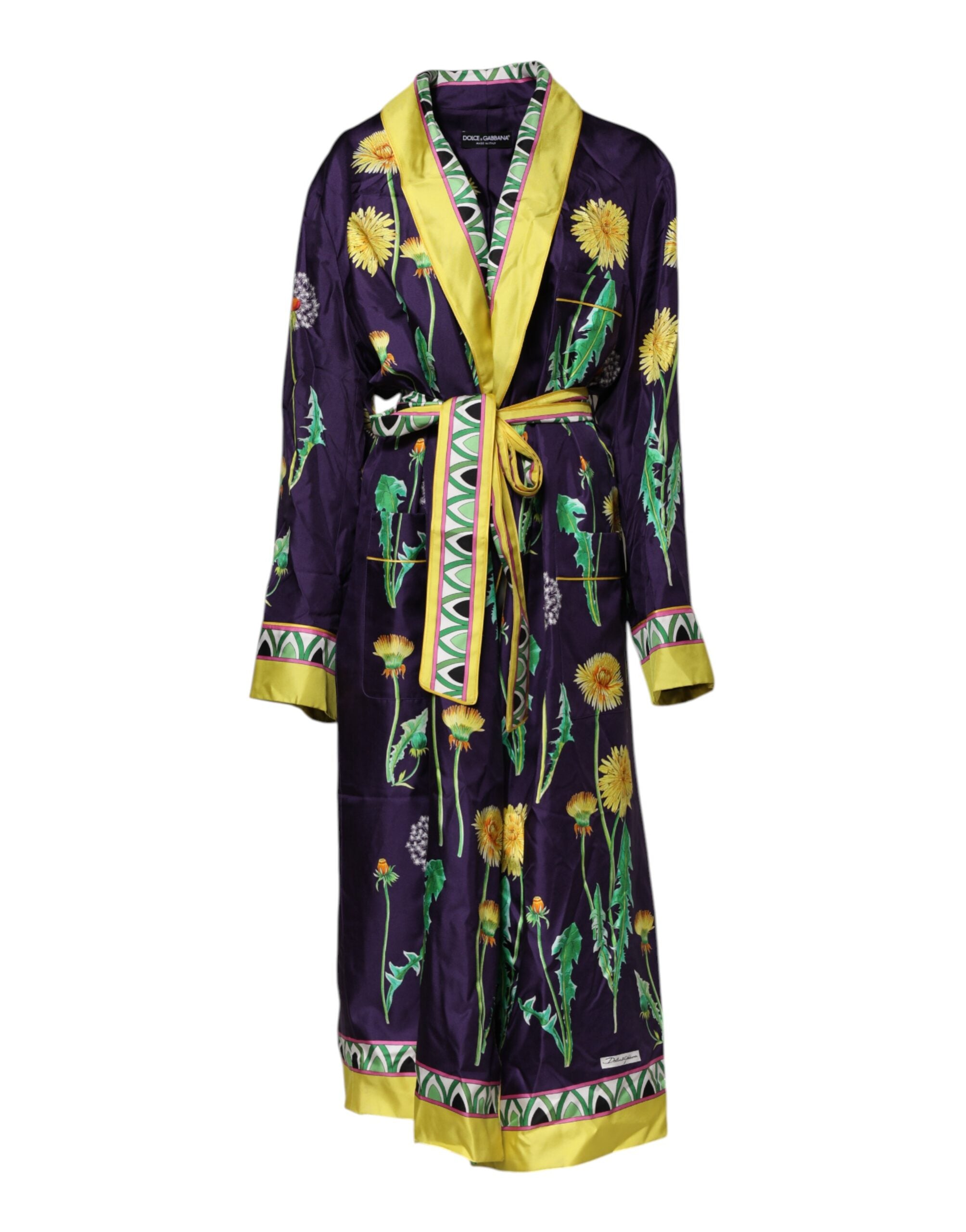 Floral Print Silk Robe — Navy