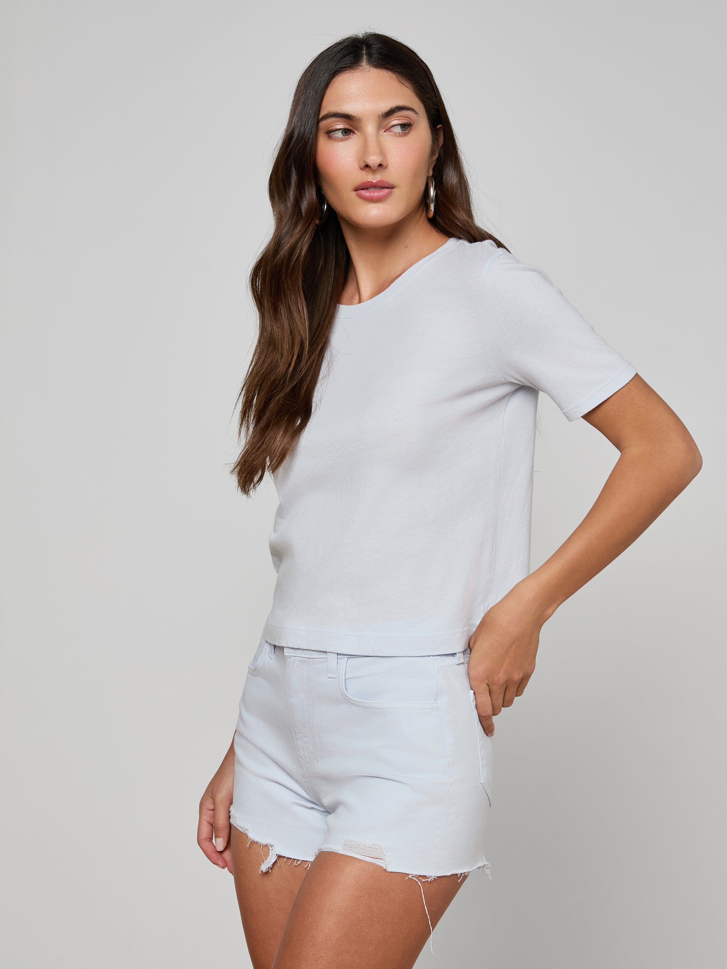 Stormy Cropped Cotton T-Shirt In Pale Mist Blue