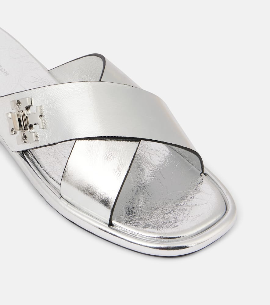 Tory Burch T Lock metallic leather slides