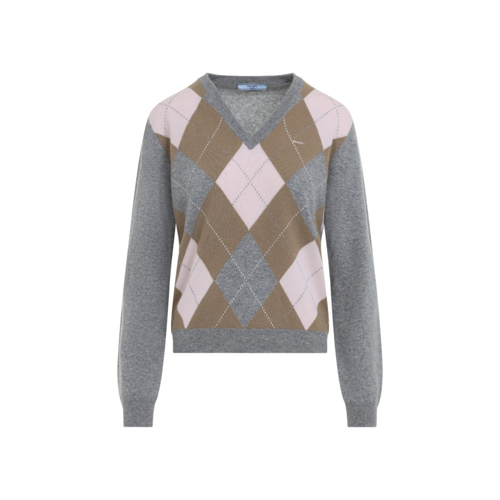 Grey Geometric V Neck Sweater