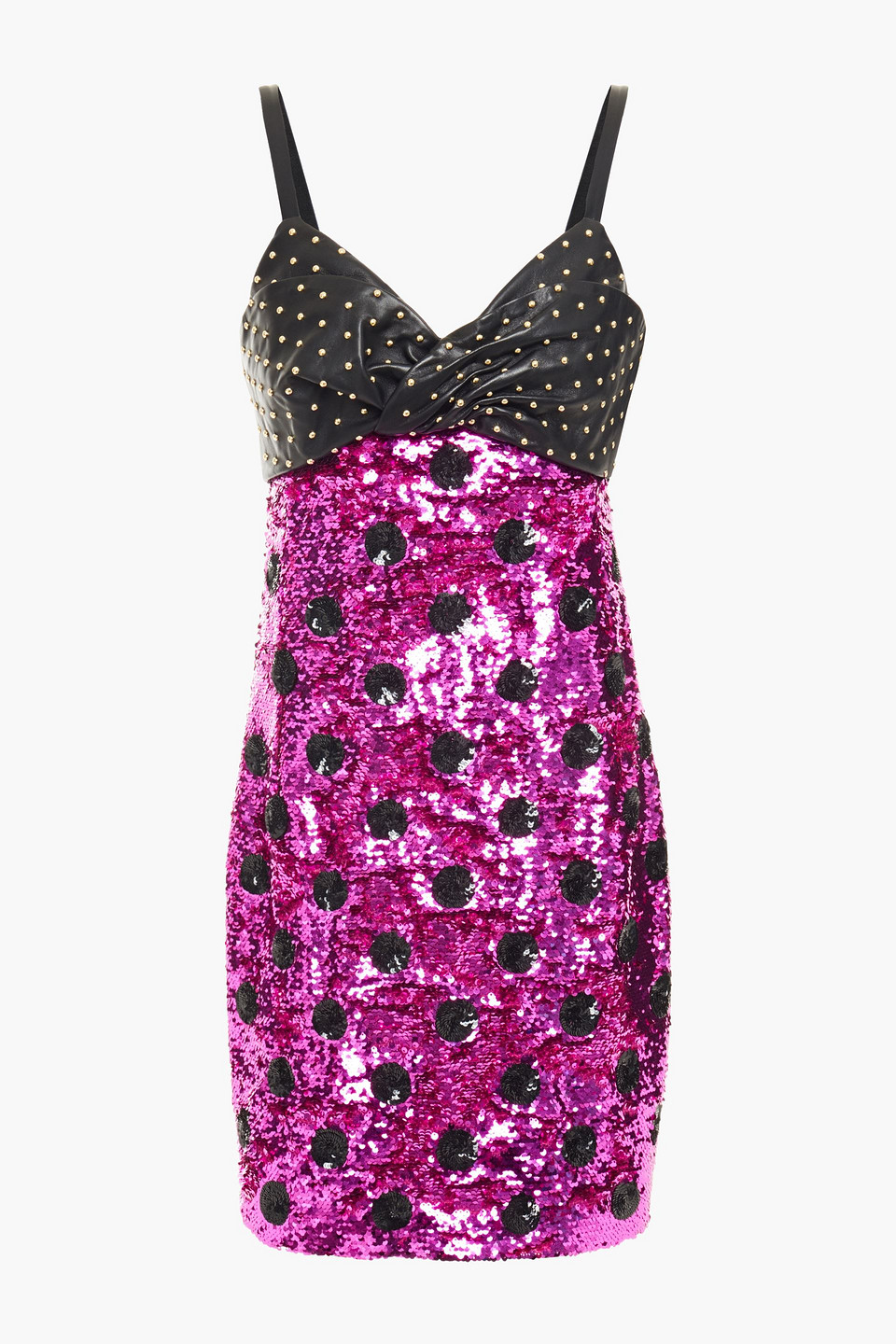 Studded leather and polka-dot sequined tulle mini dress - Pink - IT 44