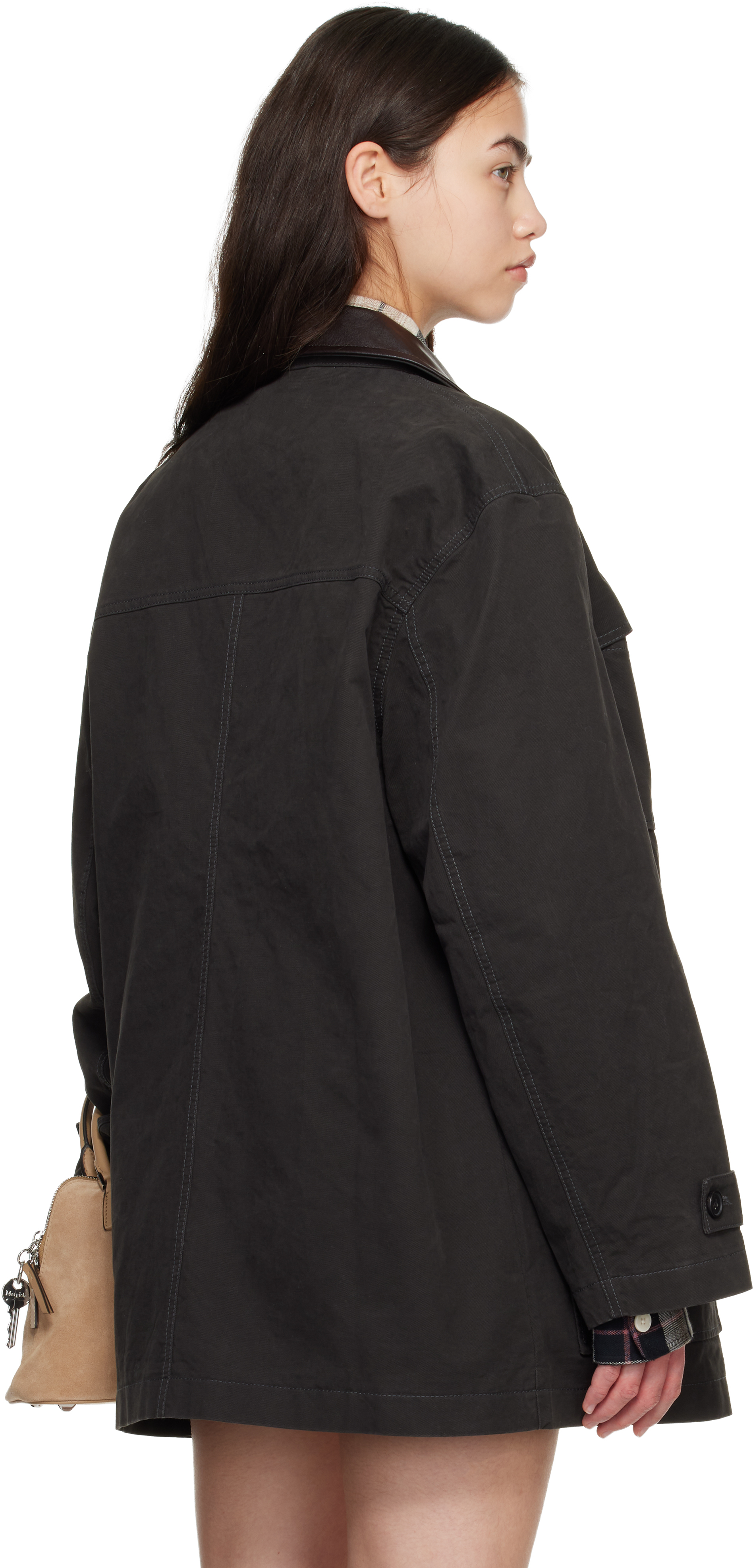Black Leather-Collar Multi-Pockets Distressed Jacket