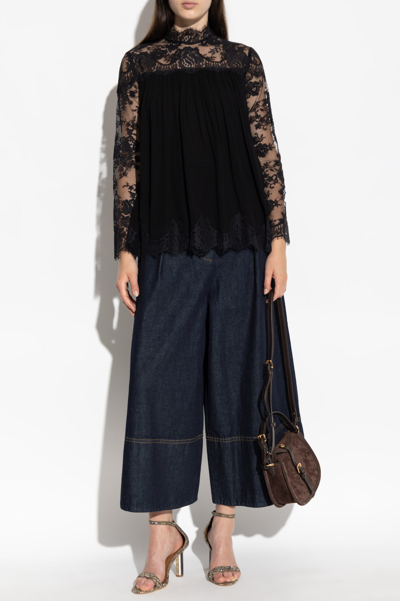 Top With Lace Inserts, Women's, Black