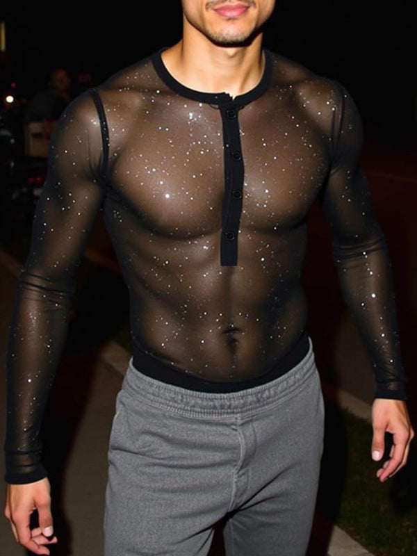 Men's Glitter Sheer Mesh Long Sleeve T-Shirt SKUL02395 - Black / S