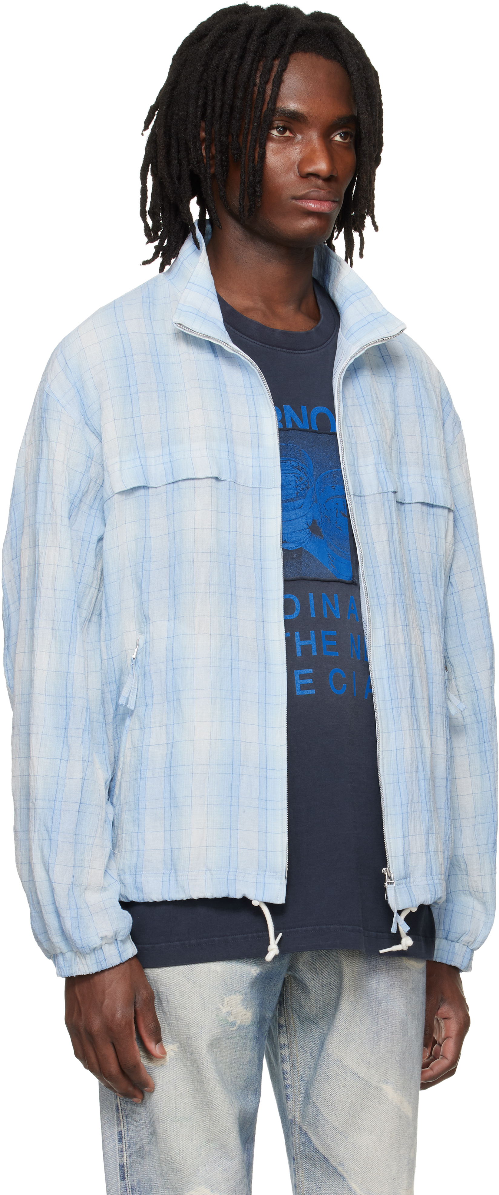 Blue High Neck Check Blouson Jacket